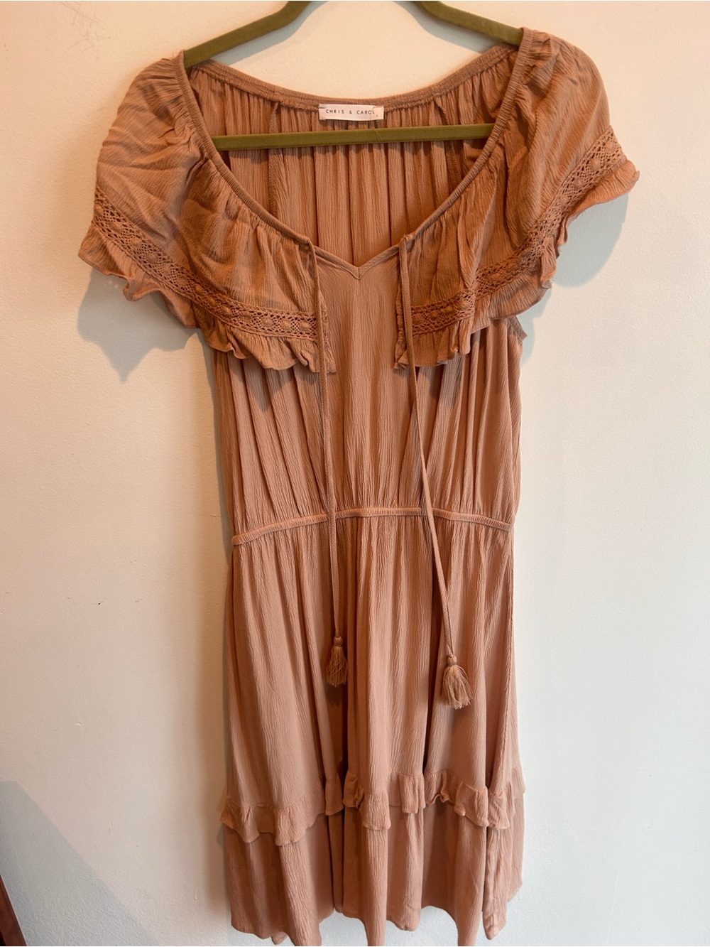 BouBlush Tan Ruffle-Trim Boho Dress